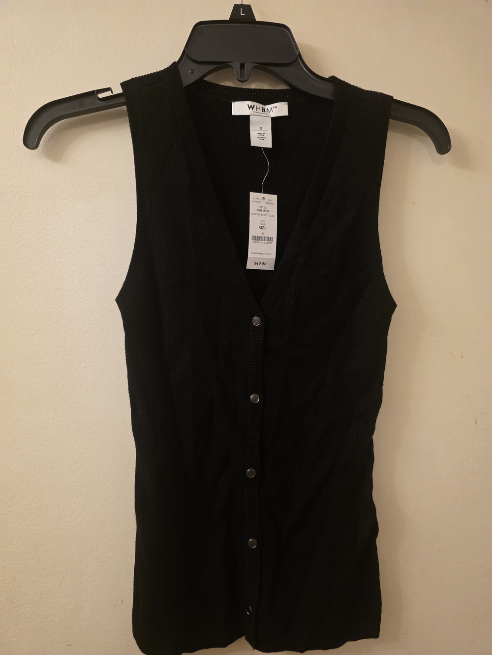 White House Black Market Black Ribbed Button-Front Sleeveless V-Neck Top